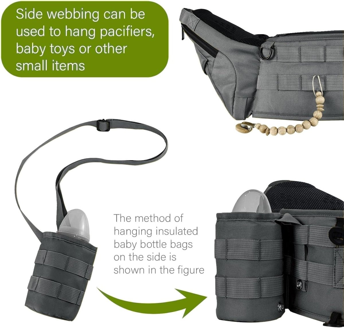 VIFOYO Baby Hip Seat Carrier with Lumbar Support, 3D Anti - Slip Protection, Hip Carrier for Toddlers 1 - 3 with Molle Bottle Bag (Grey) - VIFOYO